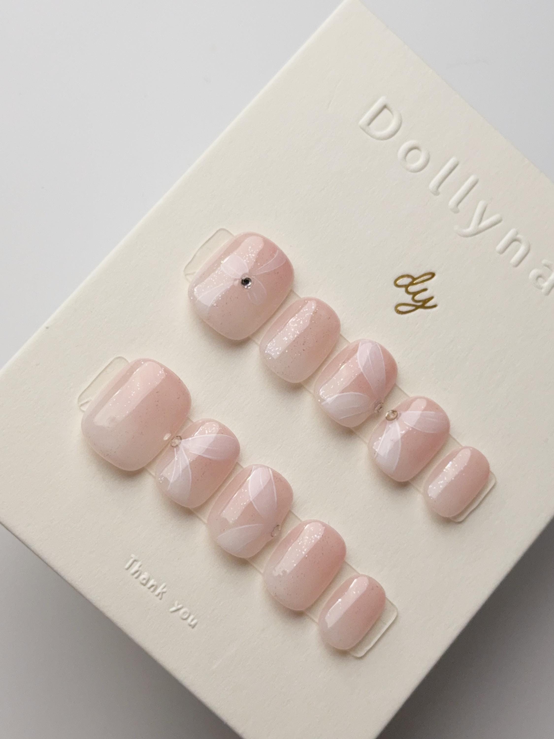 Soft Pink fades white ribbon| Press on nails