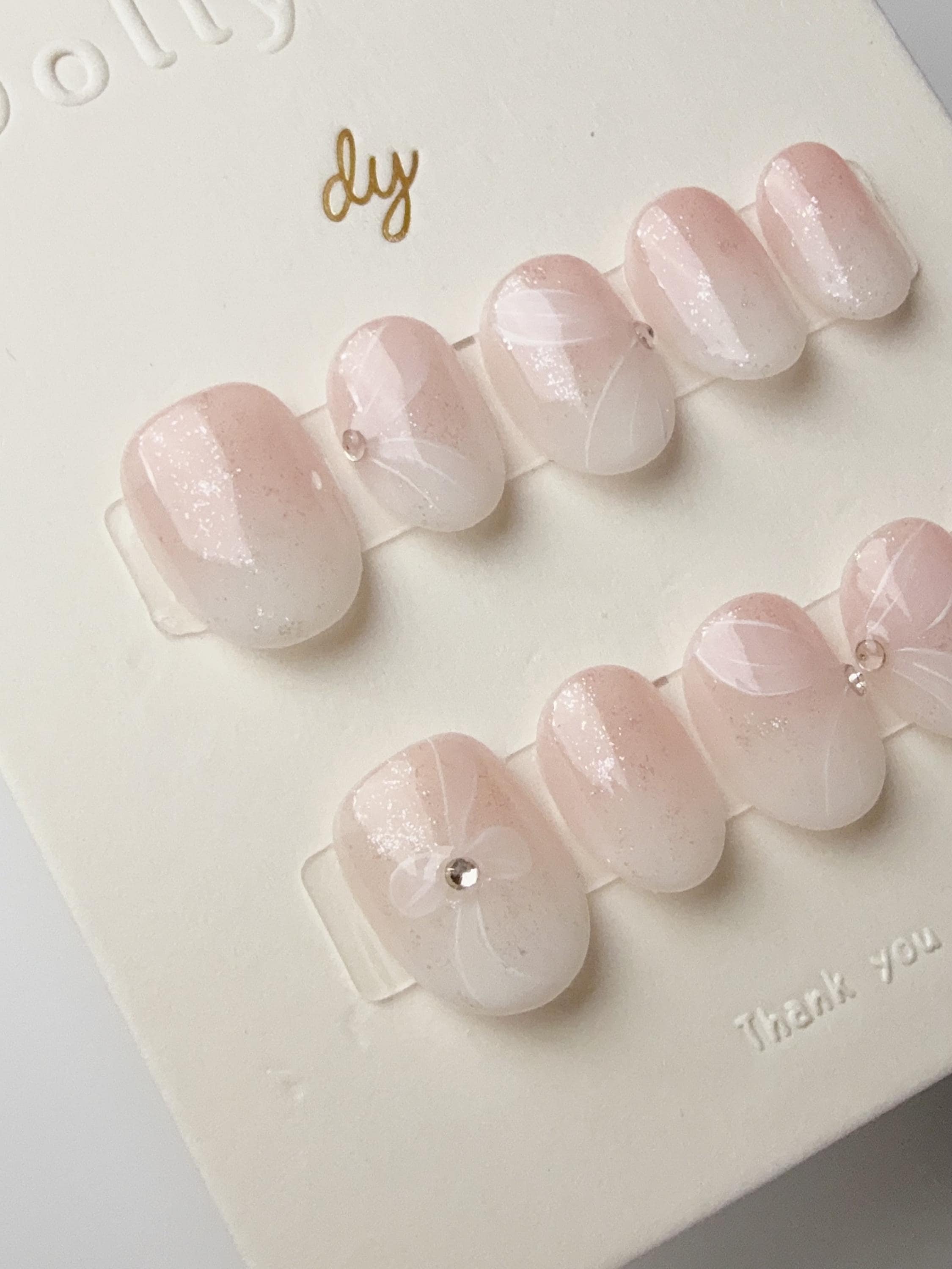 Soft Pink fades white ribbon| Press on nails
