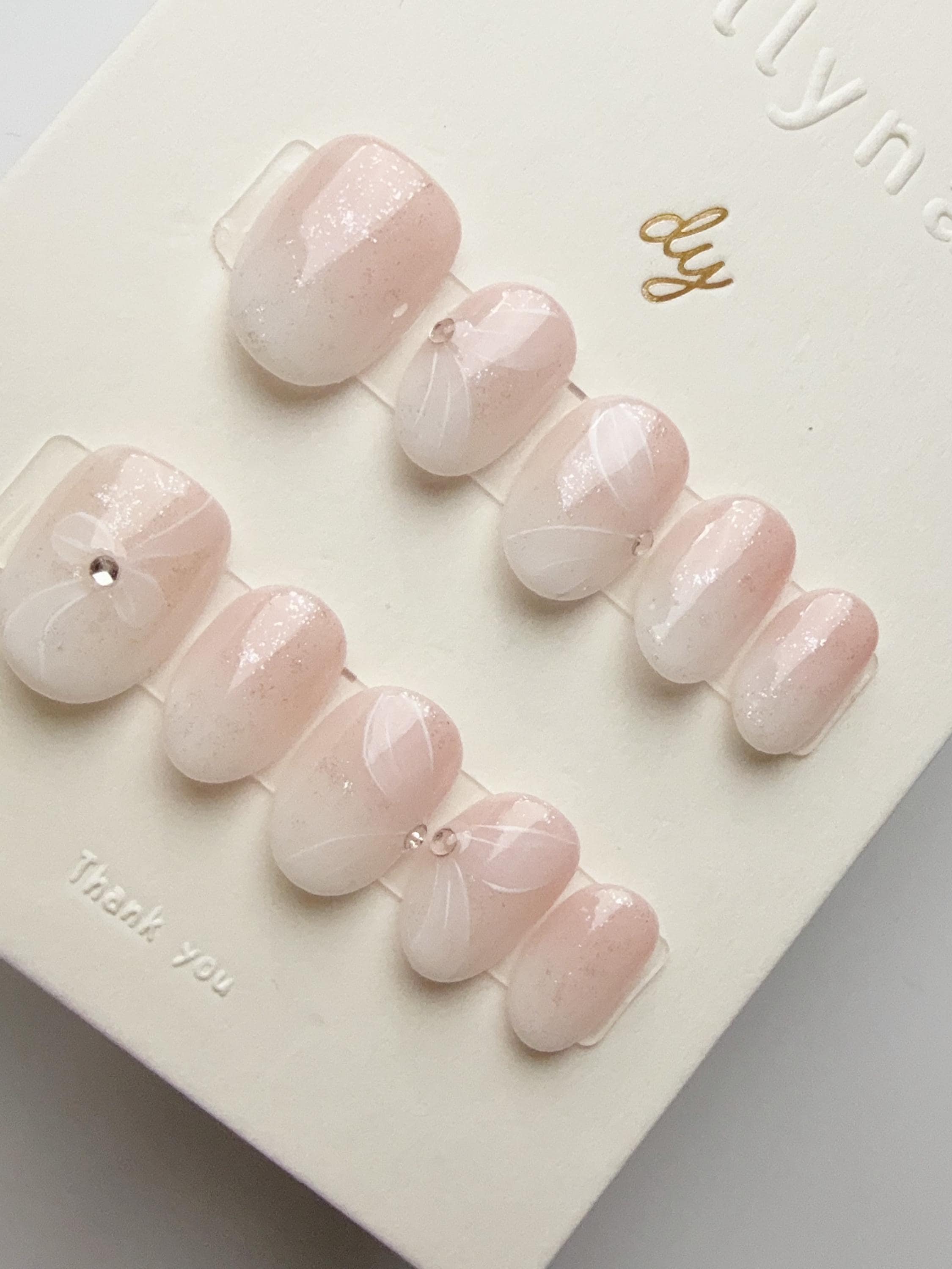 Soft Pink fades white ribbon| Press on nails